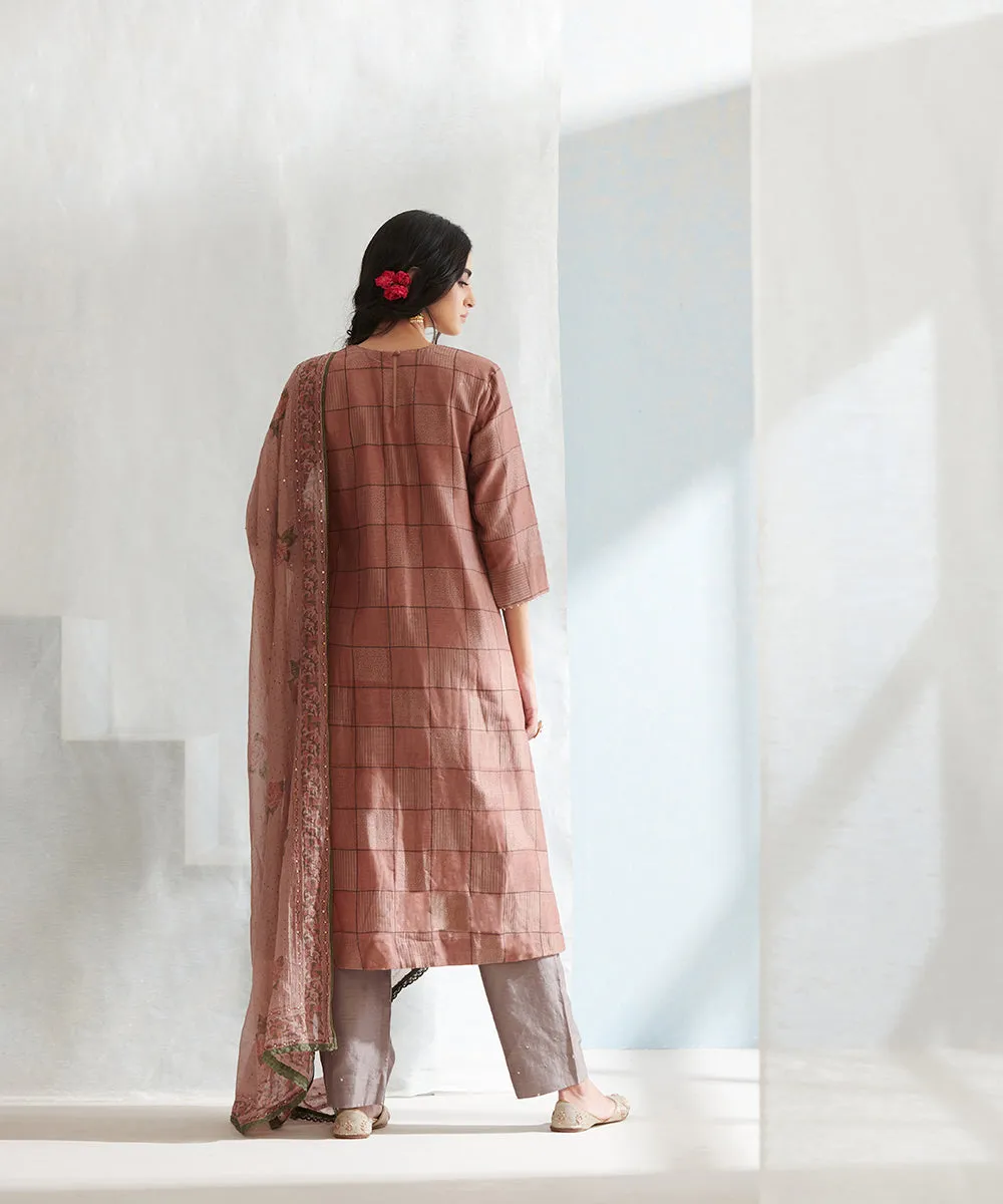 Peach Handloom Block Printed Chanderi Kurta Set with Grey Pants And Dupatta