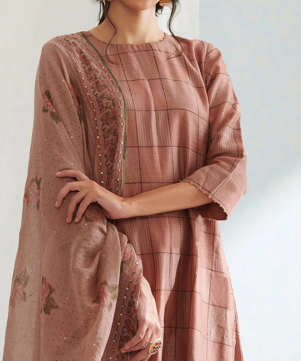 Peach Handloom Block Printed Chanderi Kurta Set with Grey Pants And Dupatta