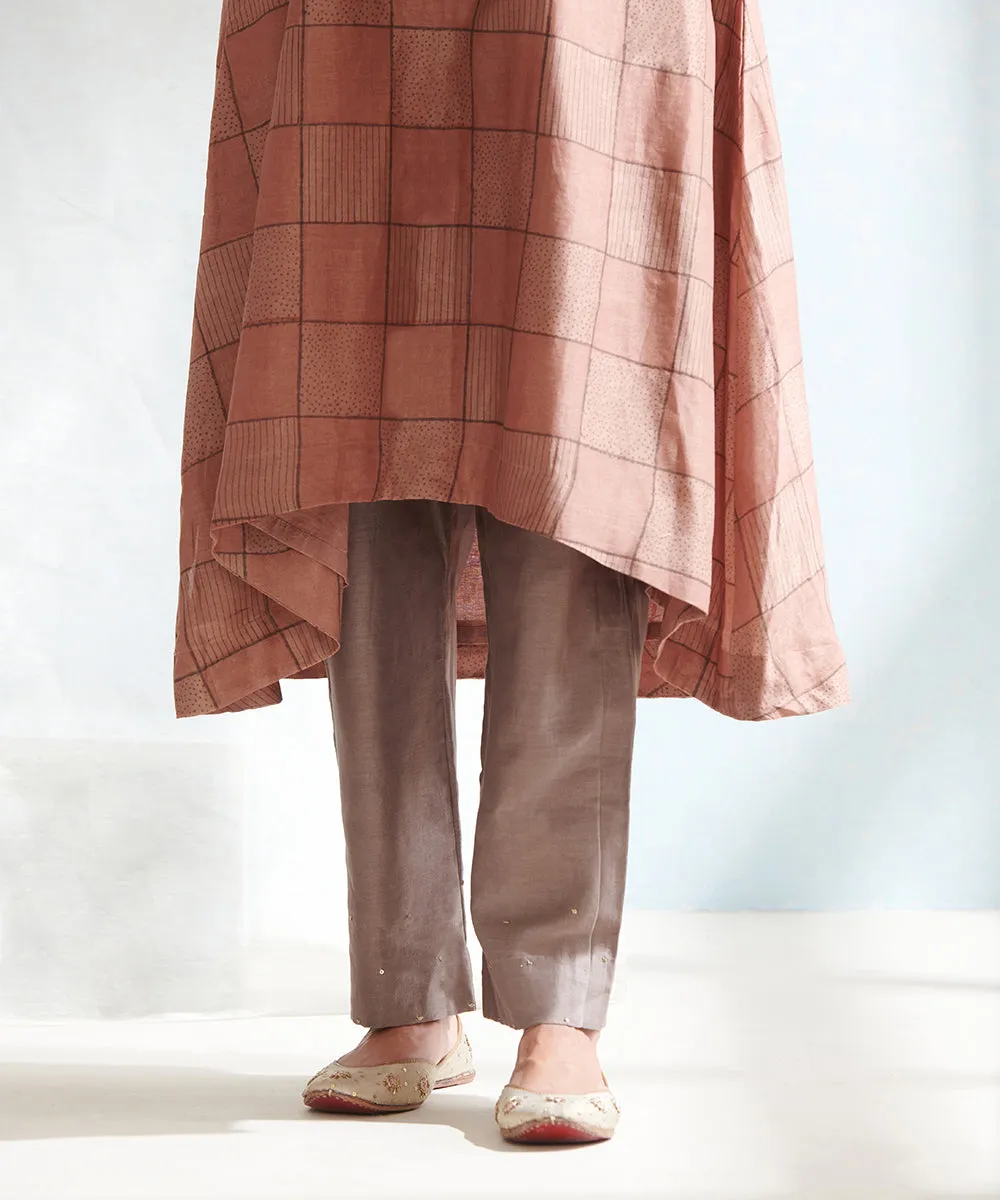 Peach Handloom Block Printed Chanderi Kurta Set with Grey Pants And Dupatta