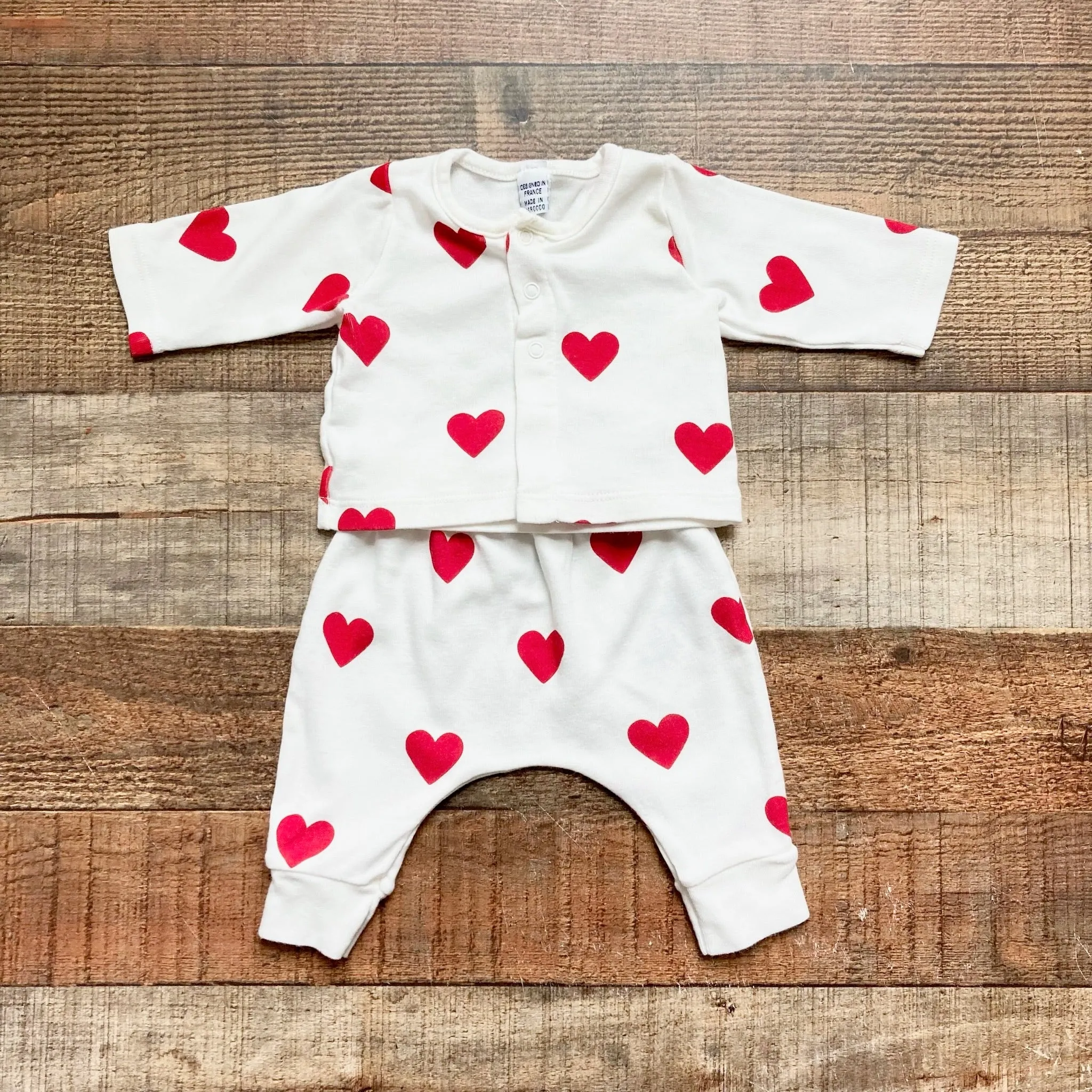 Petit Bateau White with Red Hearts Snap Top and Pants Set- Size NB (see notes, sold as a set, sold out online)