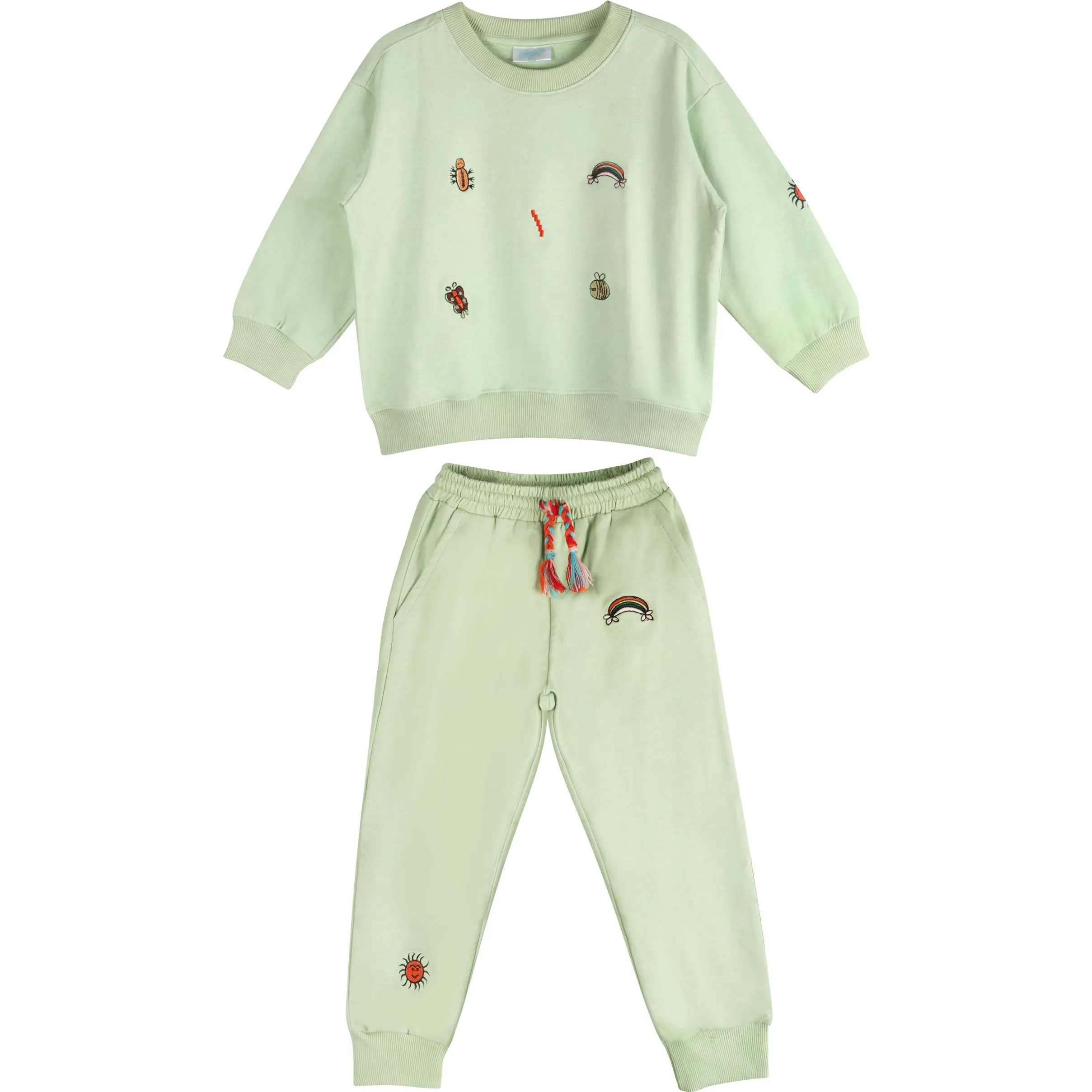 Piglo Kids Fun Embroidered Sweatshirt & Drawstring Pants 2-Piece Set, Green