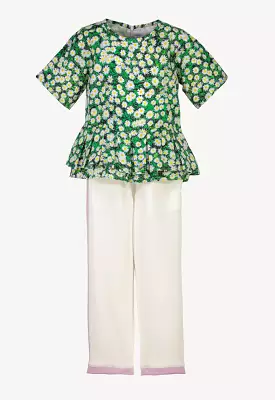 Pleated Floral Printed Peplum And Pant Set