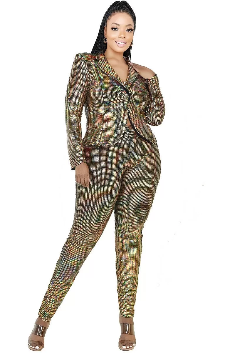 Plus Size Metallic Sequins 2 Piece Jacket And Pants Set