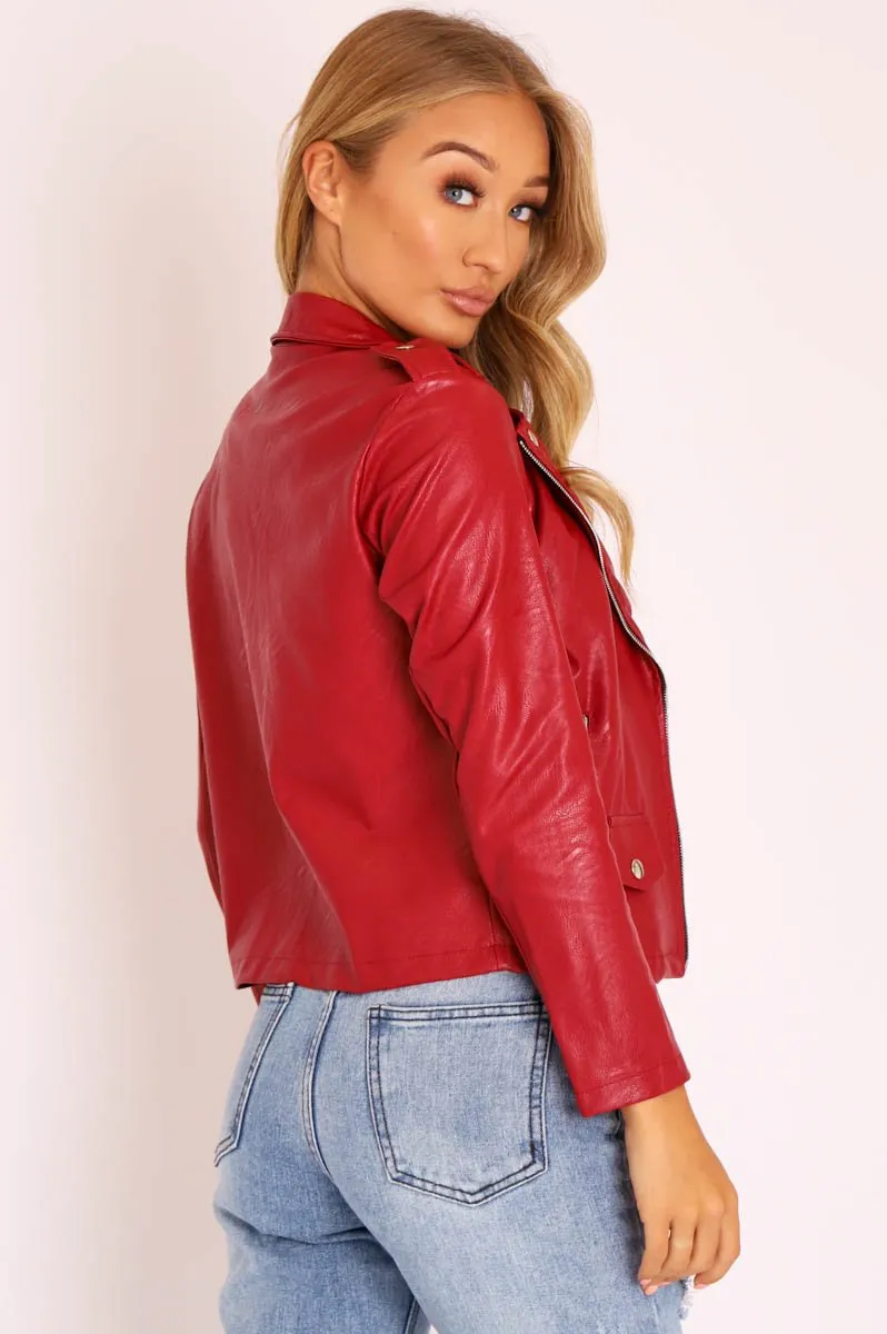 Red Faux Leather Pocket Detail Zip Front Jacket - Lara