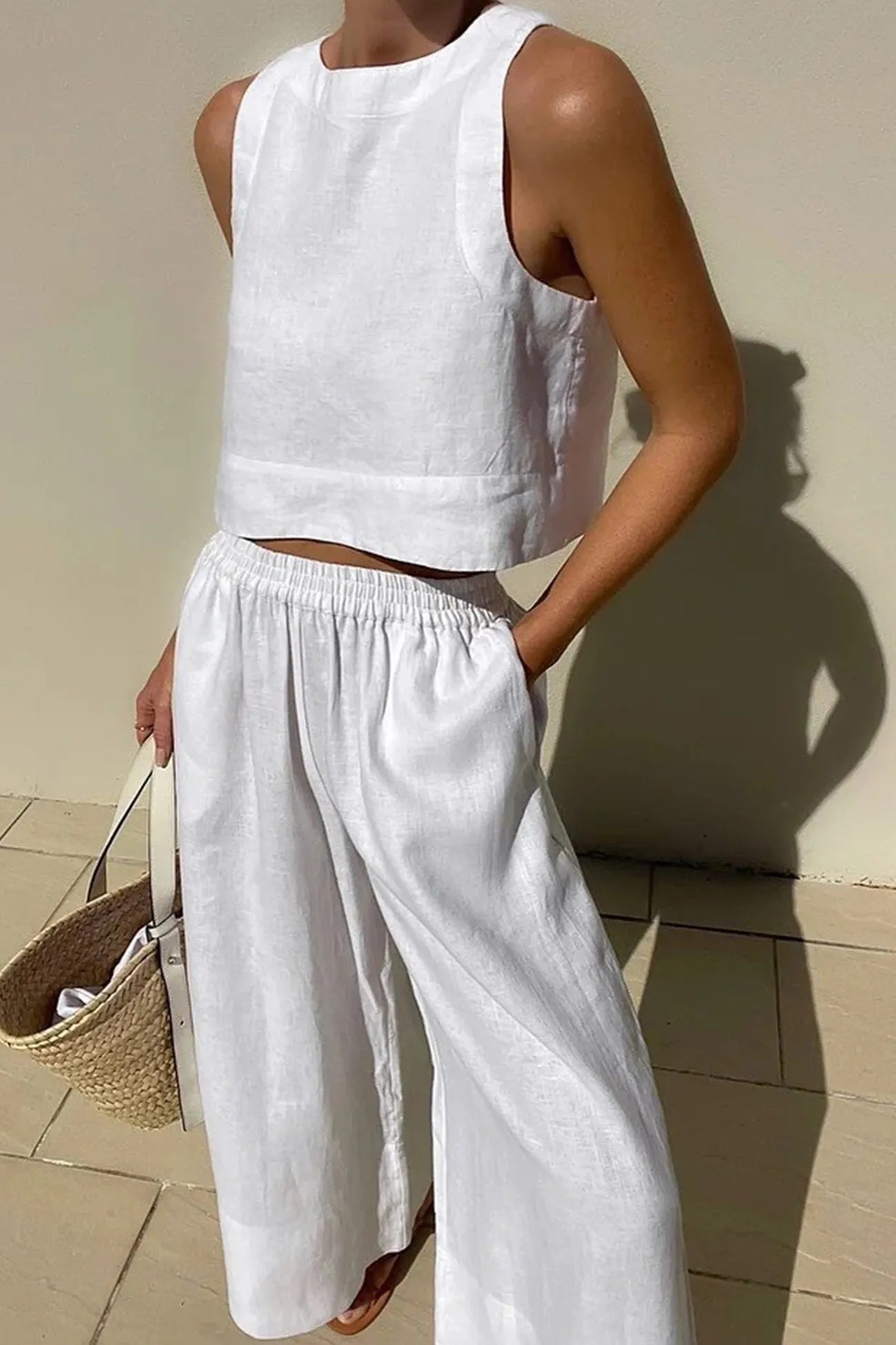 Solid Tank Top Two-piece Pants Set