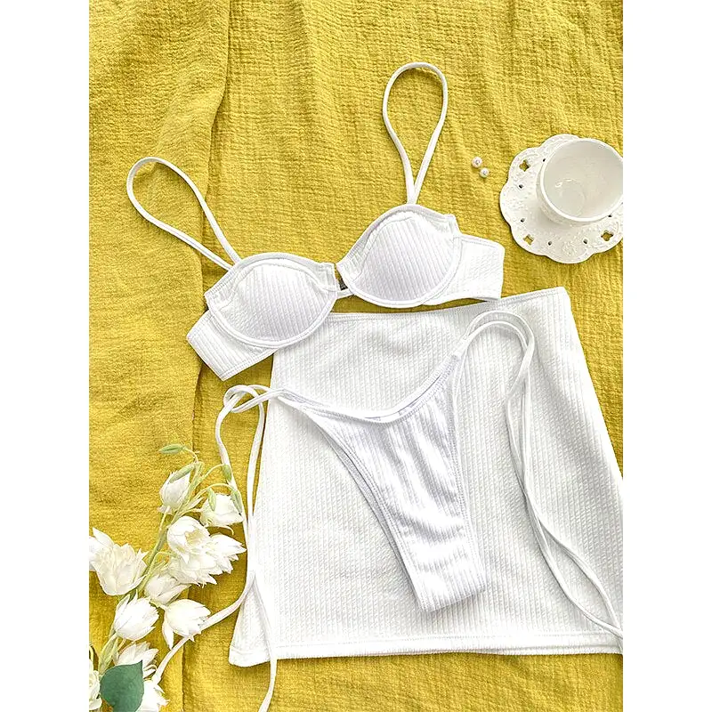 Three Piece Bikini Sets Women Swimsuit Sexy White Mujer Bikini Bandage Swimwear Women Thong Cover Up Swimsuits Beach Wear