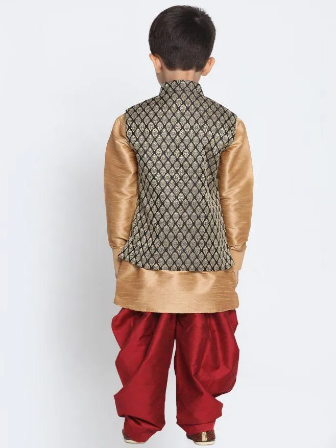 Vastramay Boys' Black Cotton Silk Blend Ethnic Jacket, Golden Kurta and Dhoti Pant Set