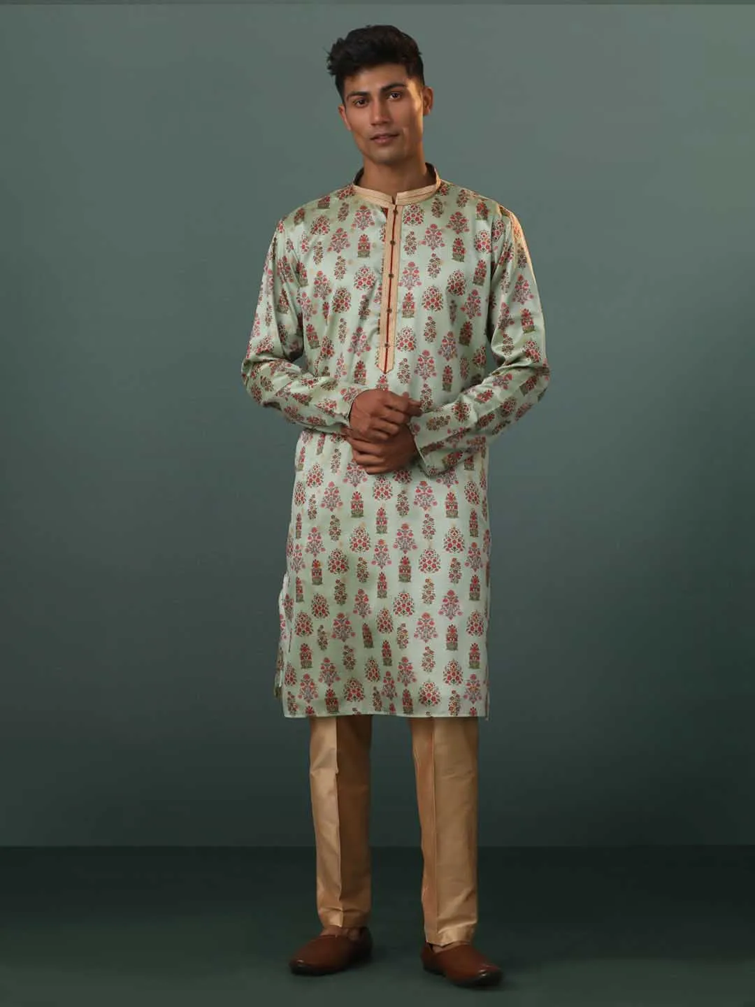 VASTRAMAY Men's Aqua Silk Blend Floral Printed Kurta With Pant Set