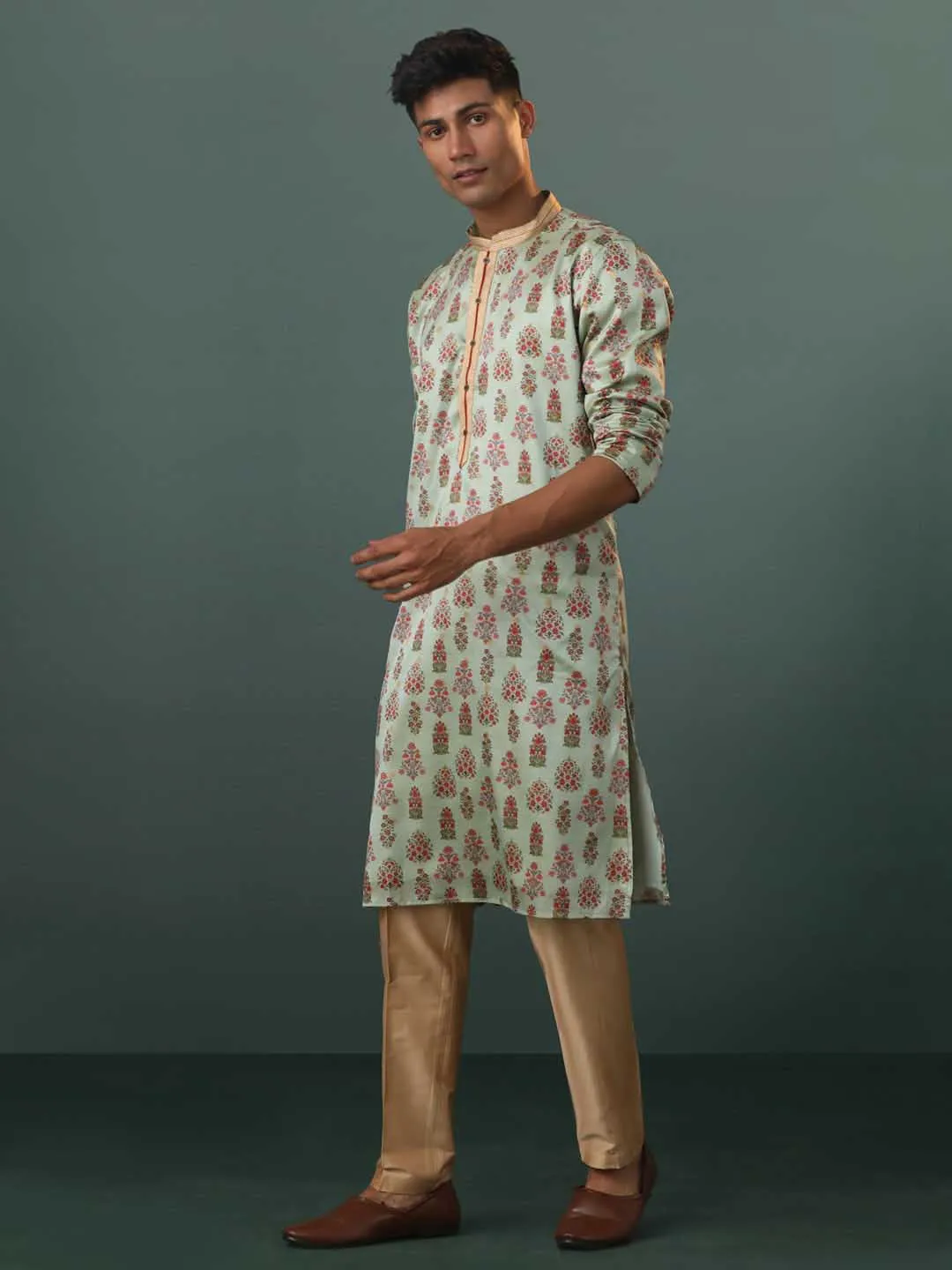 VASTRAMAY Men's Aqua Silk Blend Floral Printed Kurta With Pant Set