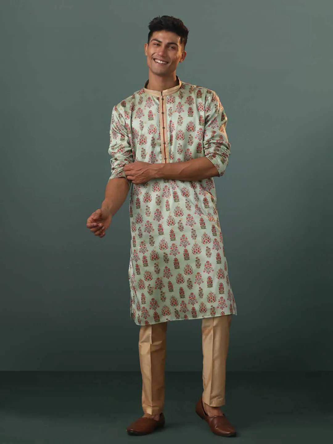 VASTRAMAY Men's Aqua Silk Blend Floral Printed Kurta With Pant Set