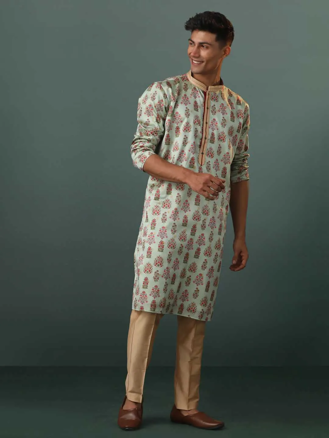 VASTRAMAY Men's Aqua Silk Blend Floral Printed Kurta With Pant Set