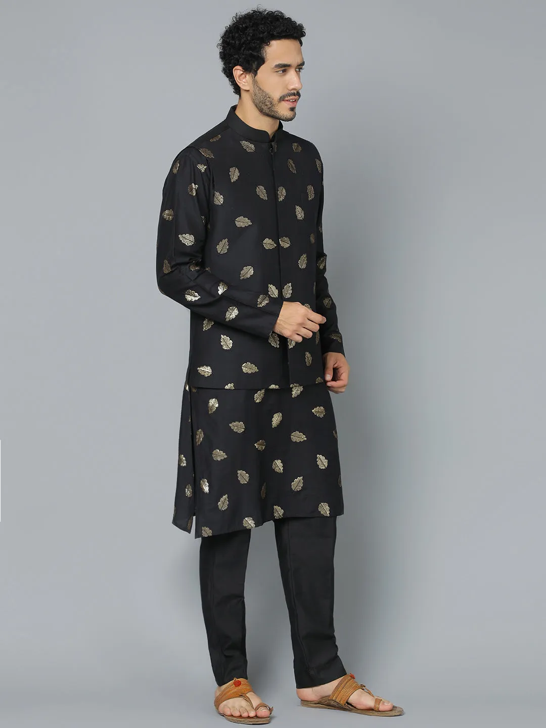 VASTRAMAY Men's Black Leaf Motif Embellished jacket Kurta Pant Set