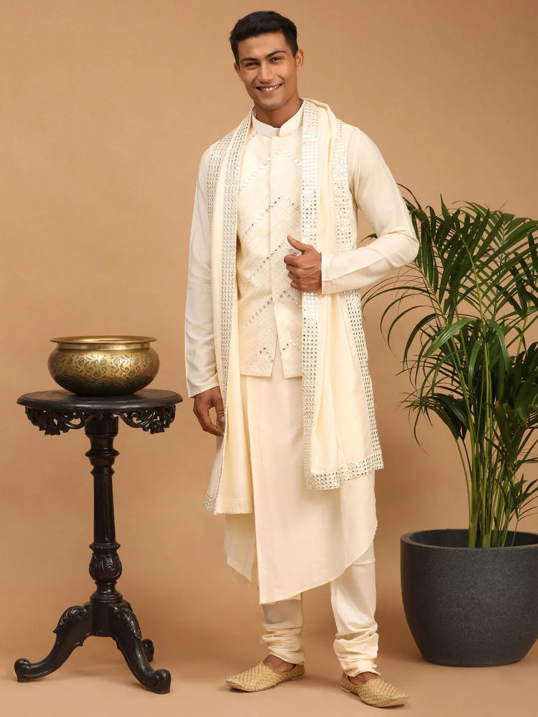 Vastramay Men's Cream Mirror Jacket With Pleated Kurta Pyjama And Dupatta Set