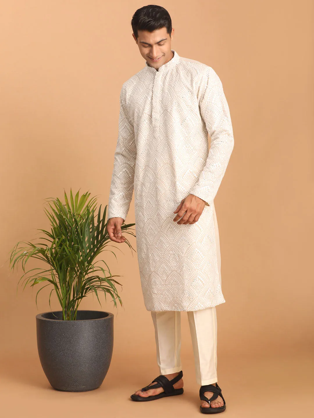 Vastramay Men's Grey Ethnic Mirror Kurta With Pant Set