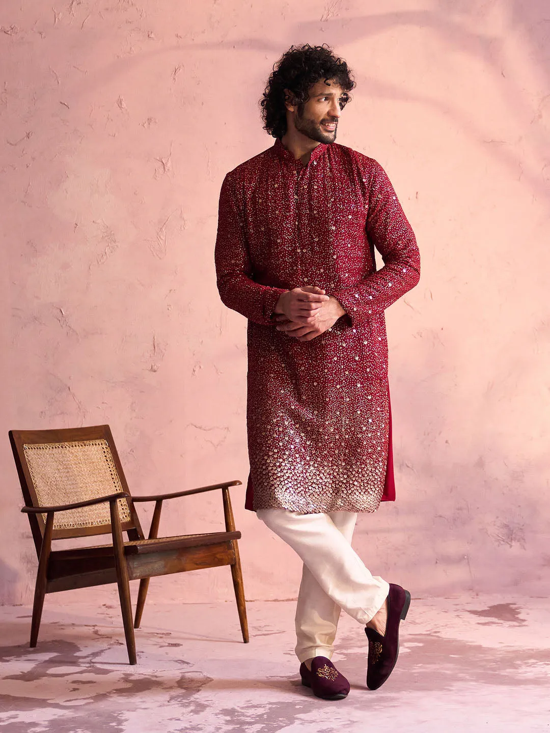 Vastramay Men's Maroon Georgette Zari With Sequins Worked Kurta Pant Set