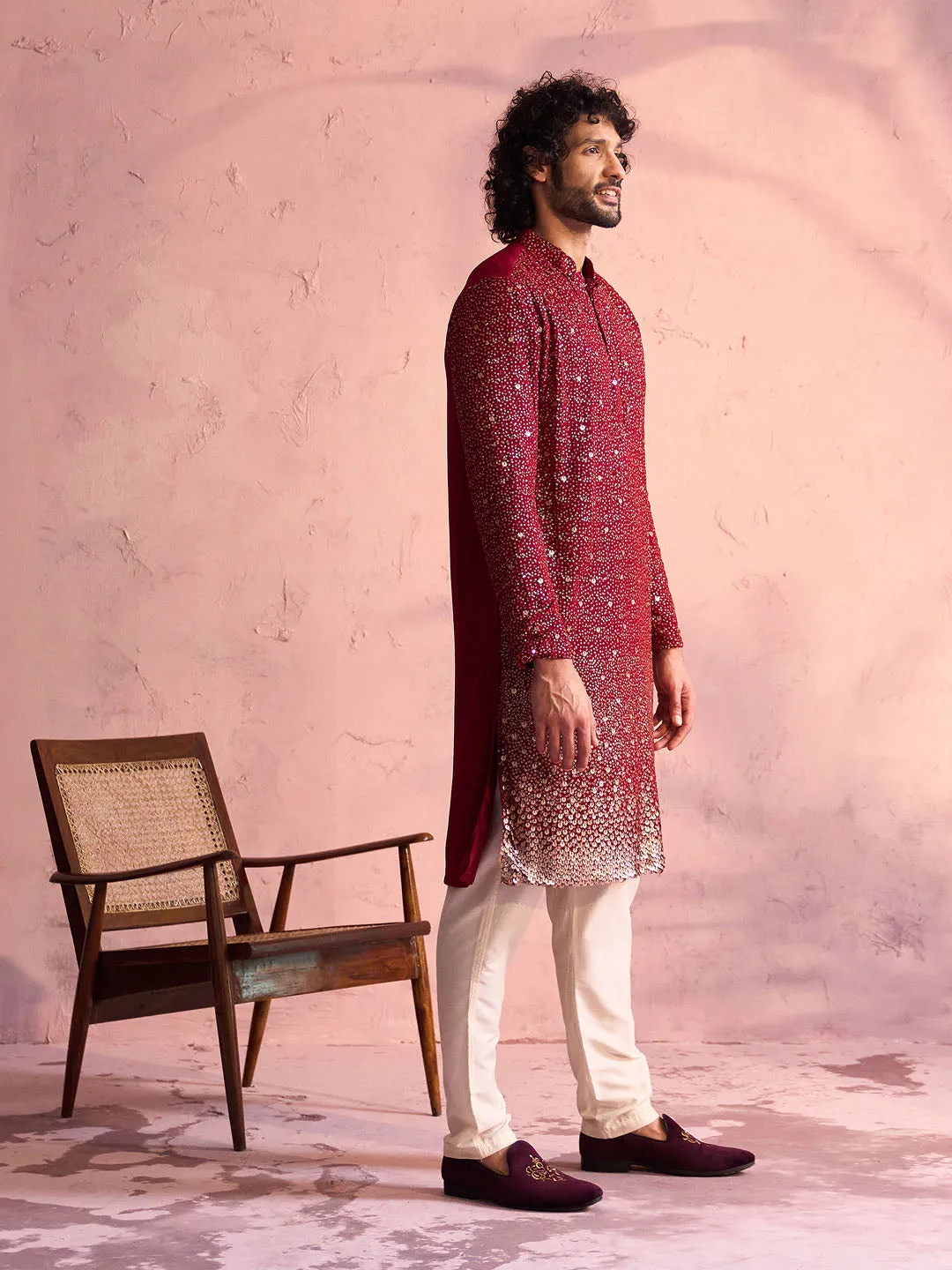 Vastramay Men's Maroon Georgette Zari With Sequins Worked Kurta Pant Set