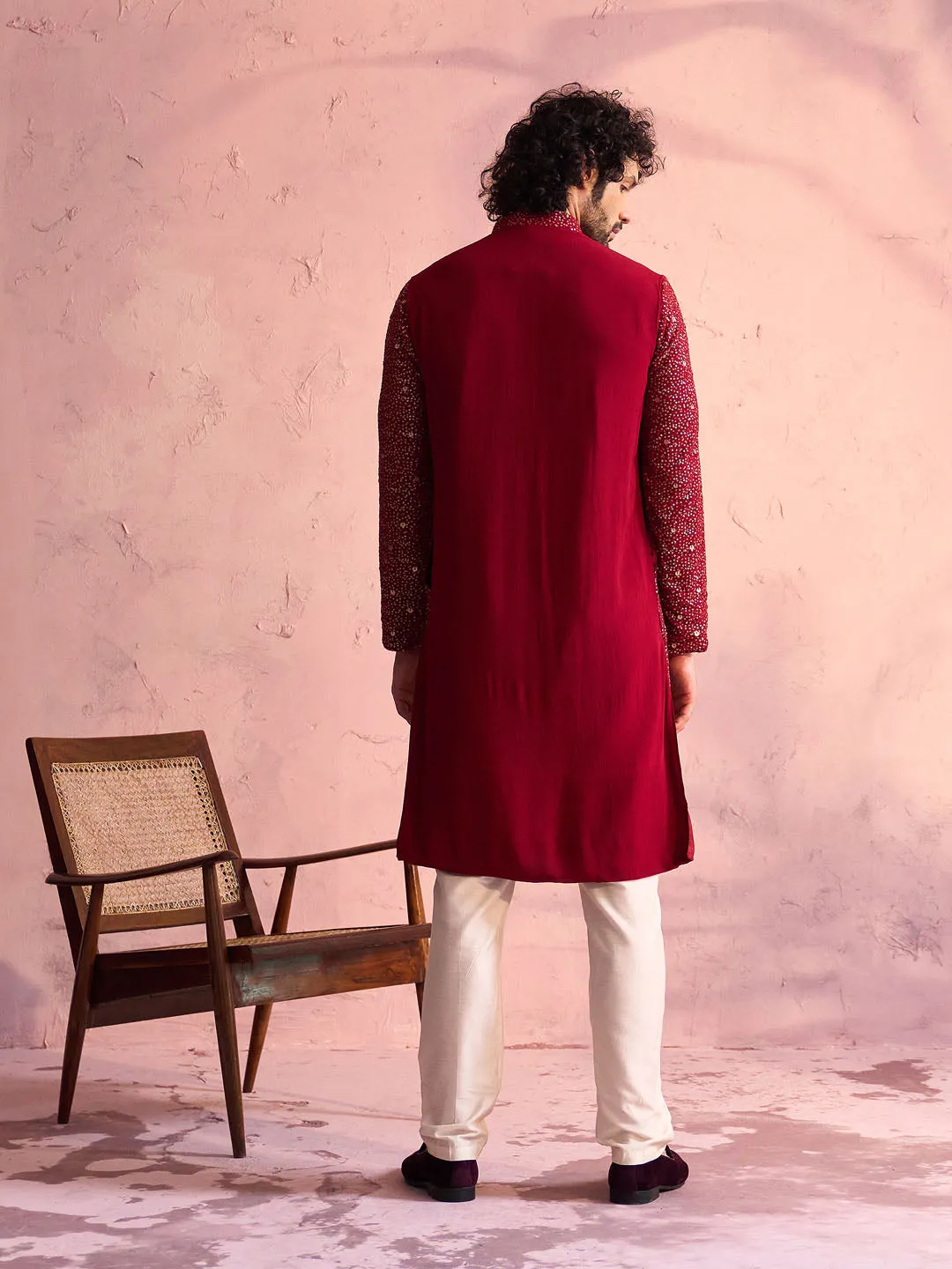 Vastramay Men's Maroon Georgette Zari With Sequins Worked Kurta Pant Set