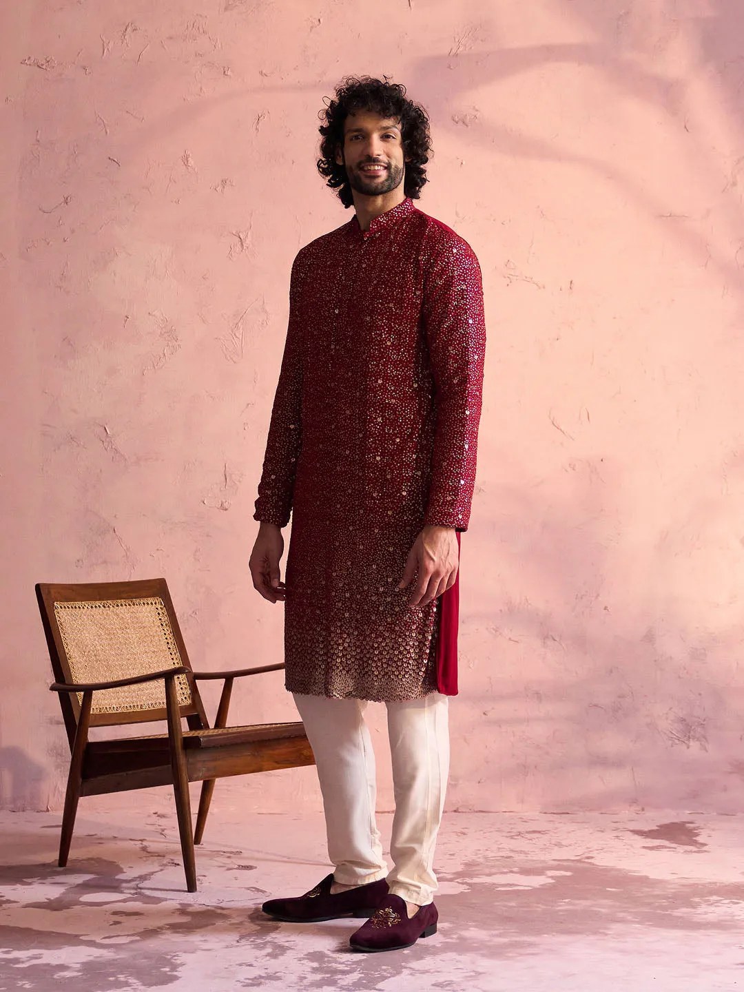 Vastramay Men's Maroon Georgette Zari With Sequins Worked Kurta Pant Set