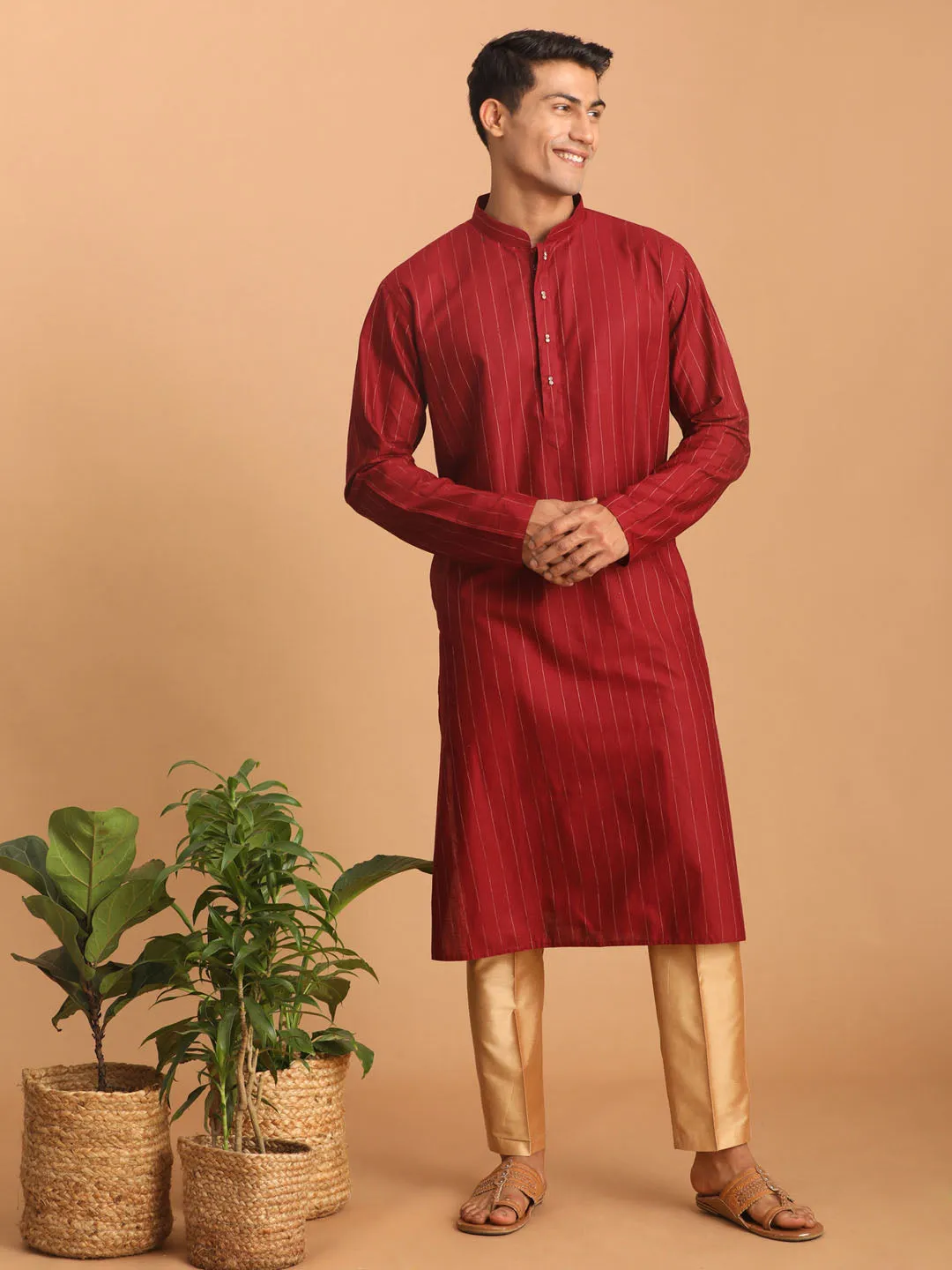 VASTRAMAY Men's Maroon Striped Kurta And Rose Gold Pant Set