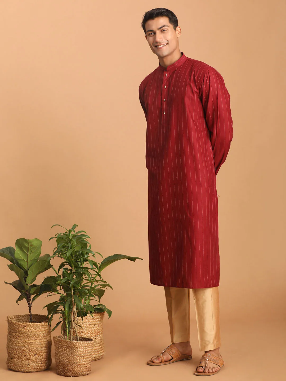 VASTRAMAY Men's Maroon Striped Kurta And Rose Gold Pant Set