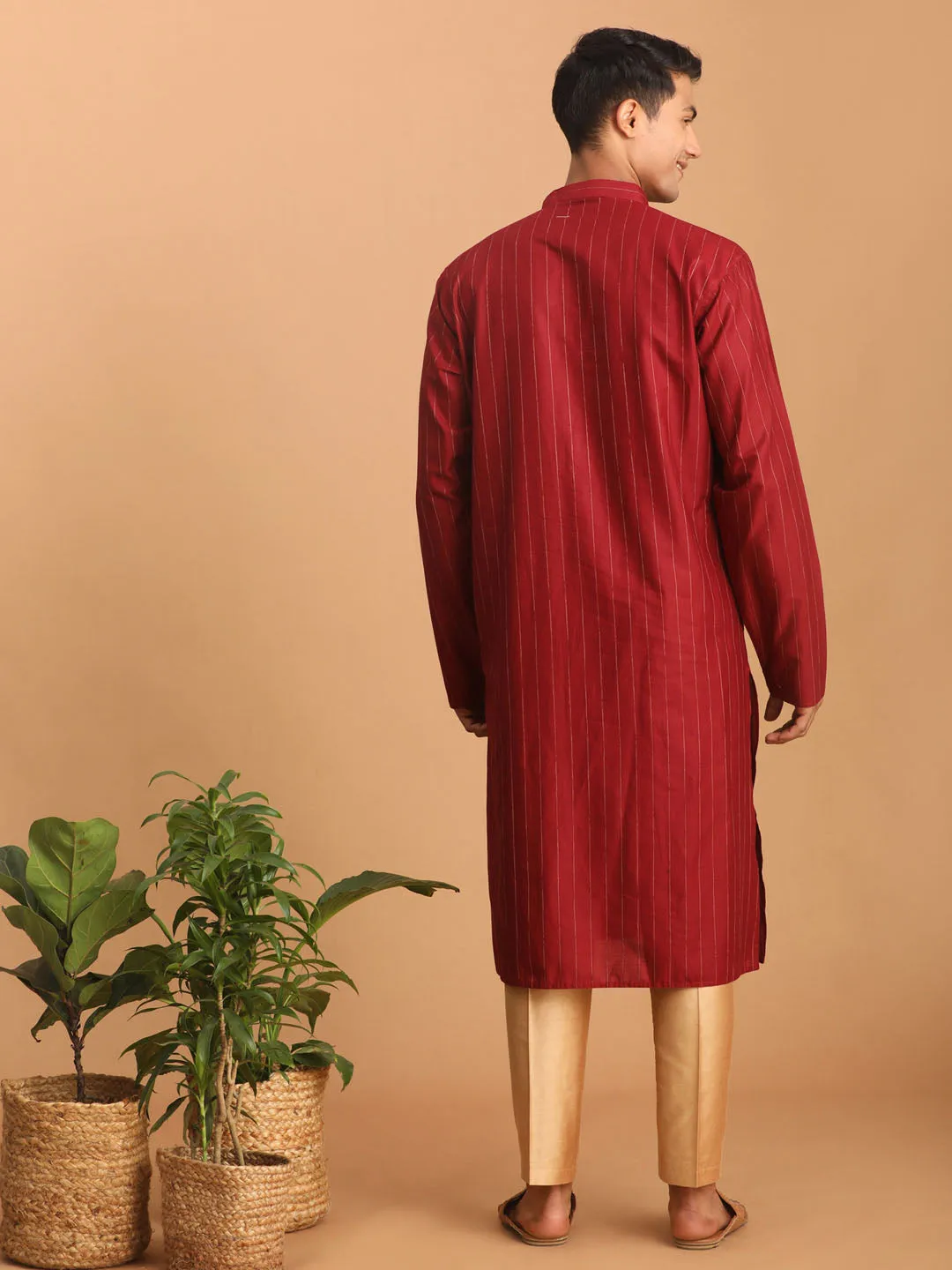 VASTRAMAY Men's Maroon Striped Kurta And Rose Gold Pant Set