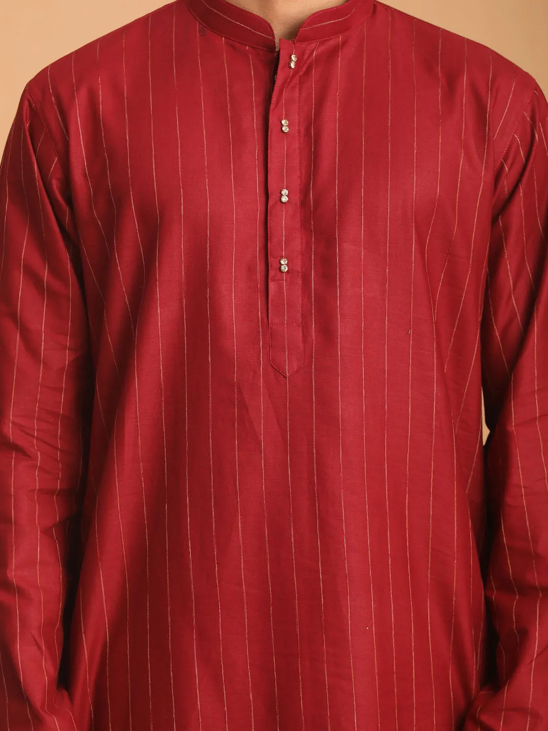 VASTRAMAY Men's Maroon Striped Kurta And Rose Gold Pant Set