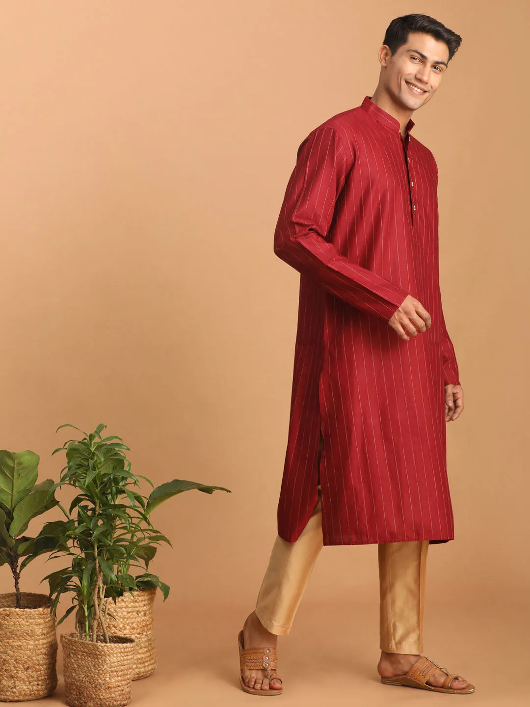 VASTRAMAY Men's Maroon Striped Kurta And Rose Gold Pant Set