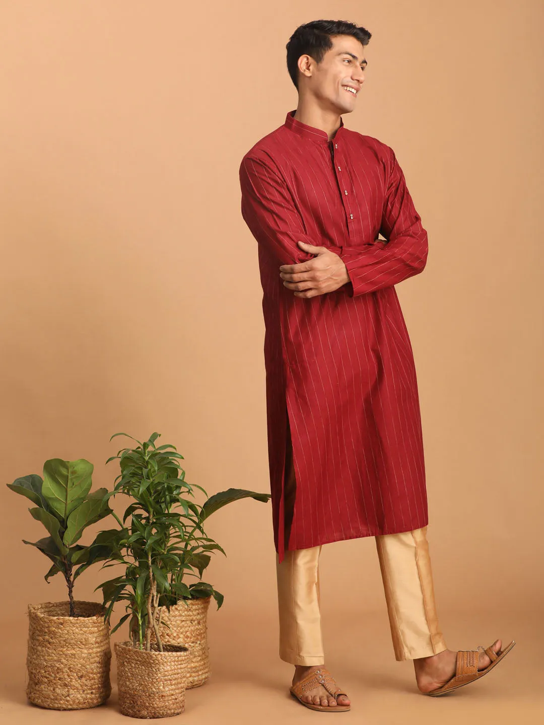 VASTRAMAY Men's Maroon Striped Kurta And Rose Gold Pant Set