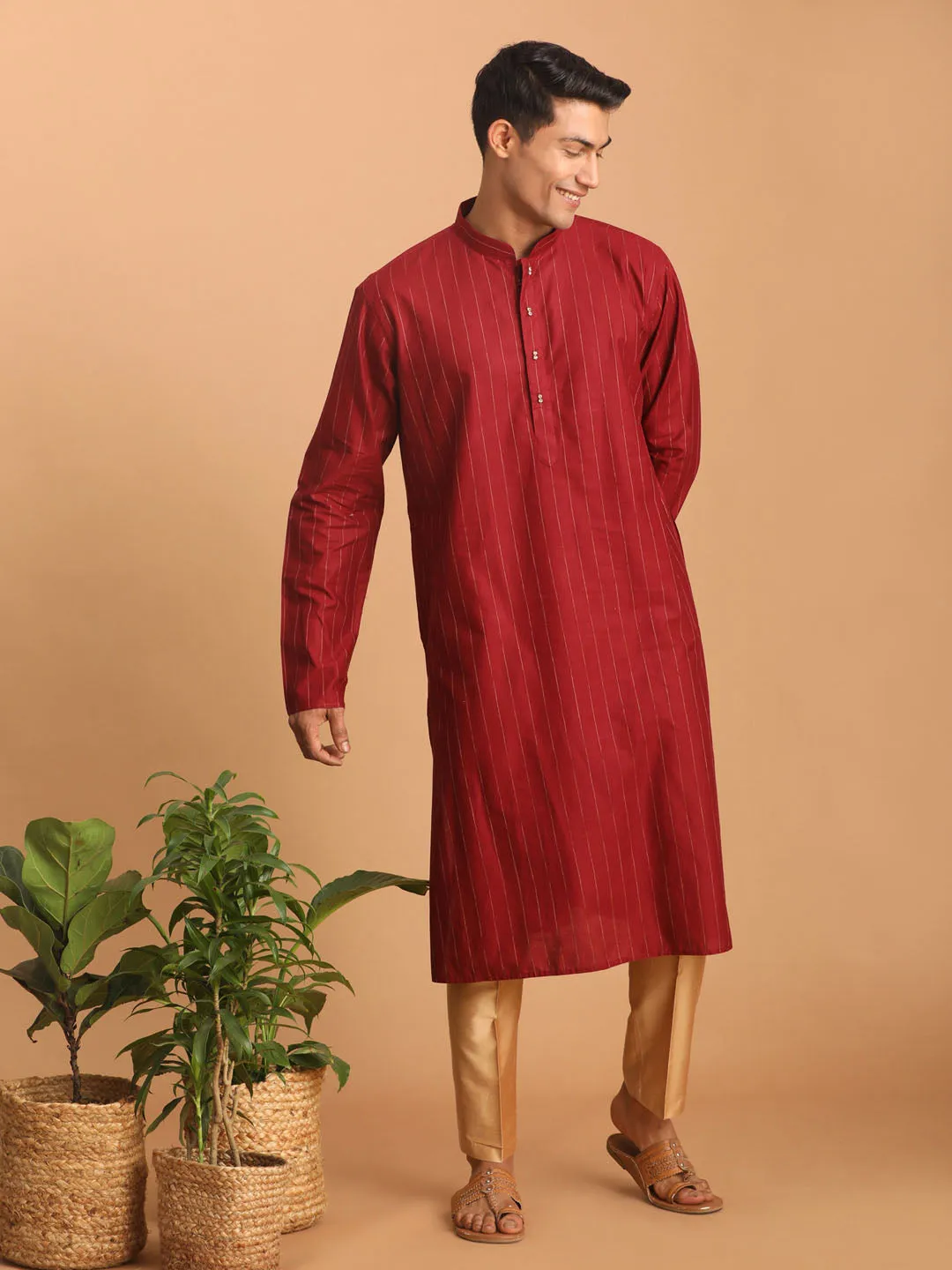 VASTRAMAY Men's Maroon Striped Kurta And Rose Gold Pant Set