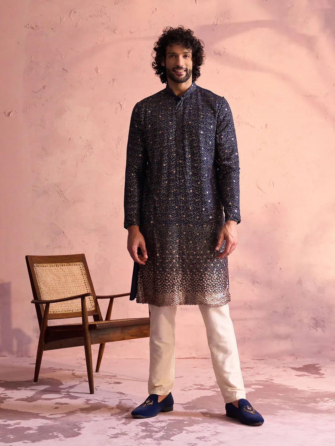 Vastramay Men's Navy Blue Georgette Zari With Sequins Worked Kurta pant Set