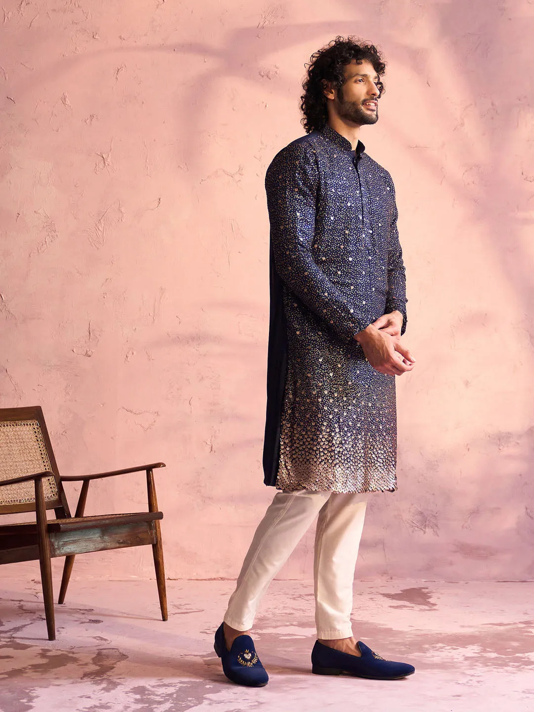 Vastramay Men's Navy Blue Georgette Zari With Sequins Worked Kurta pant Set