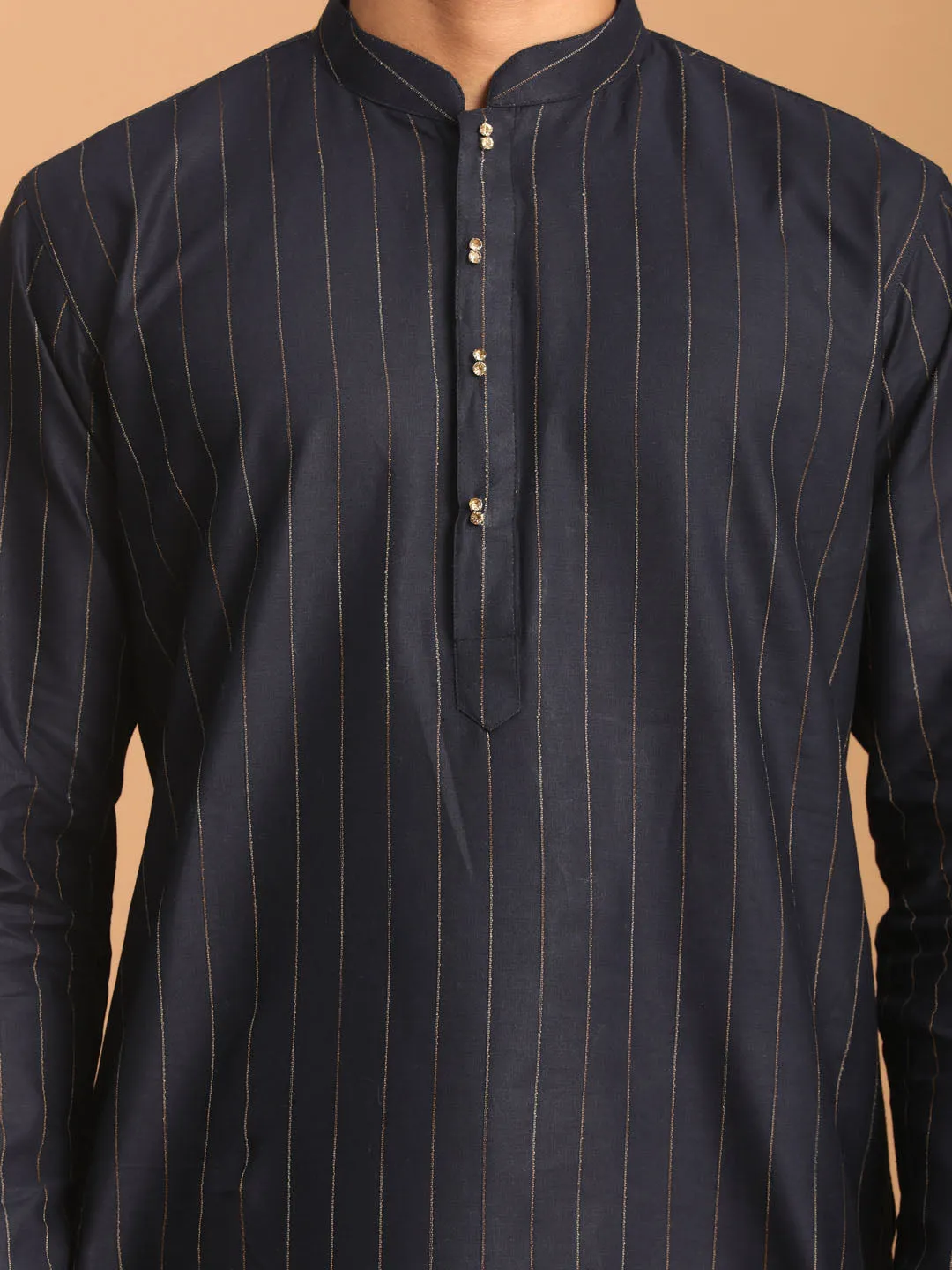 VASTRAMAY Men's Navy Blue Striped Kurta And Rose Gold Pant Set