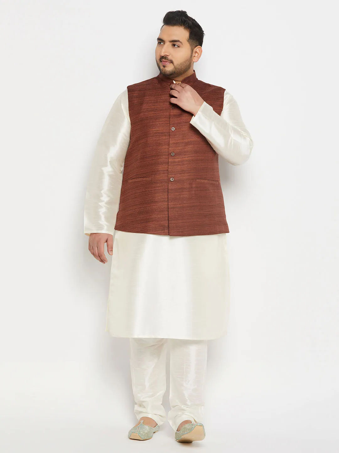 VASTRAMAY Men's Plus Size Coffee Matka Silk Nehru Jacket With Cream Silk Blend Kurta and Pant style Pyjama Set