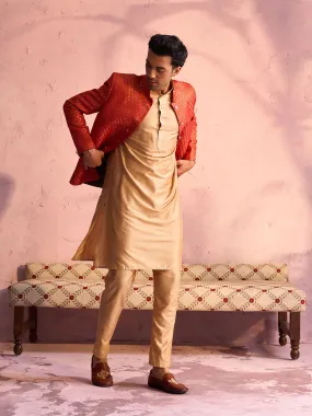 Vastramay Men's Red Banarasi Woven Jodhpuri With Plain Kurta Pant Set