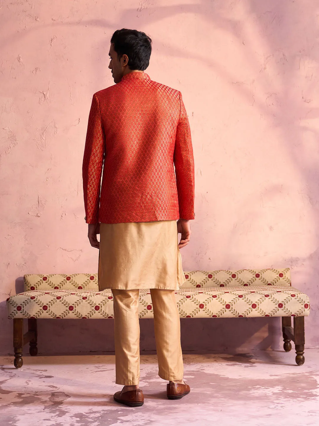 Vastramay Men's Red Banarasi Woven Jodhpuri With Plain Kurta Pant Set