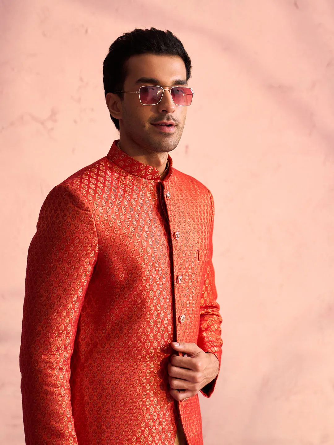 Vastramay Men's Red Banarasi Woven Jodhpuri With Plain Kurta Pant Set