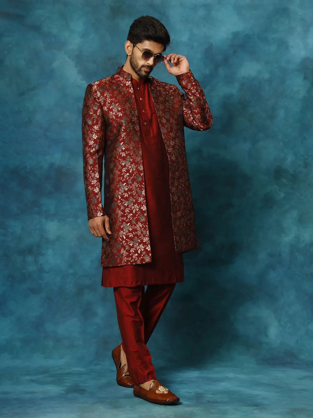 VASTRAMAY Men's Red Jacquard Indo Western With Maroon Viscose Kurta Pant Set