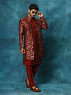 VASTRAMAY Men's Red Jacquard Indo Western With Maroon Viscose Kurta Pant Set