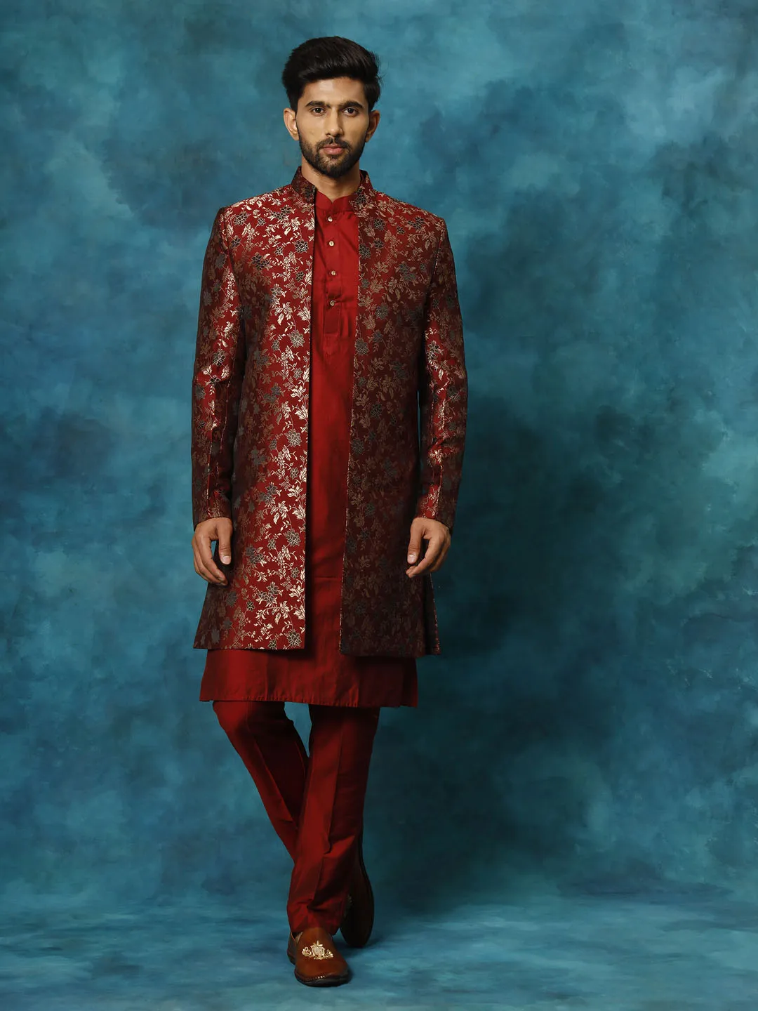 VASTRAMAY Men's Red Jacquard Indo Western With Maroon Viscose Kurta Pant Set