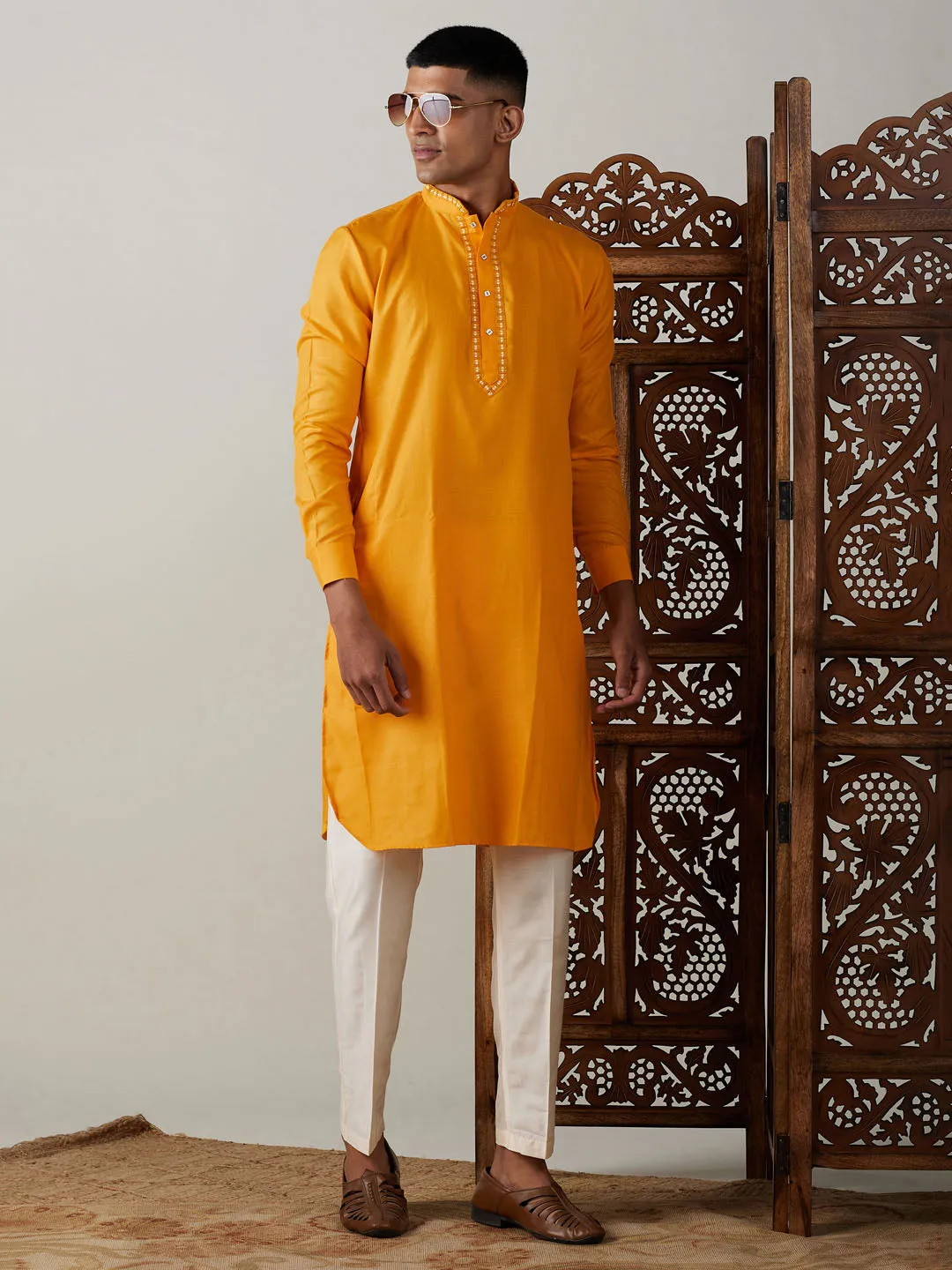 VASTRAMAY Men's Yellow And Cream Solid Kurta With Viscose Pant Style Viscose Pyjama Set