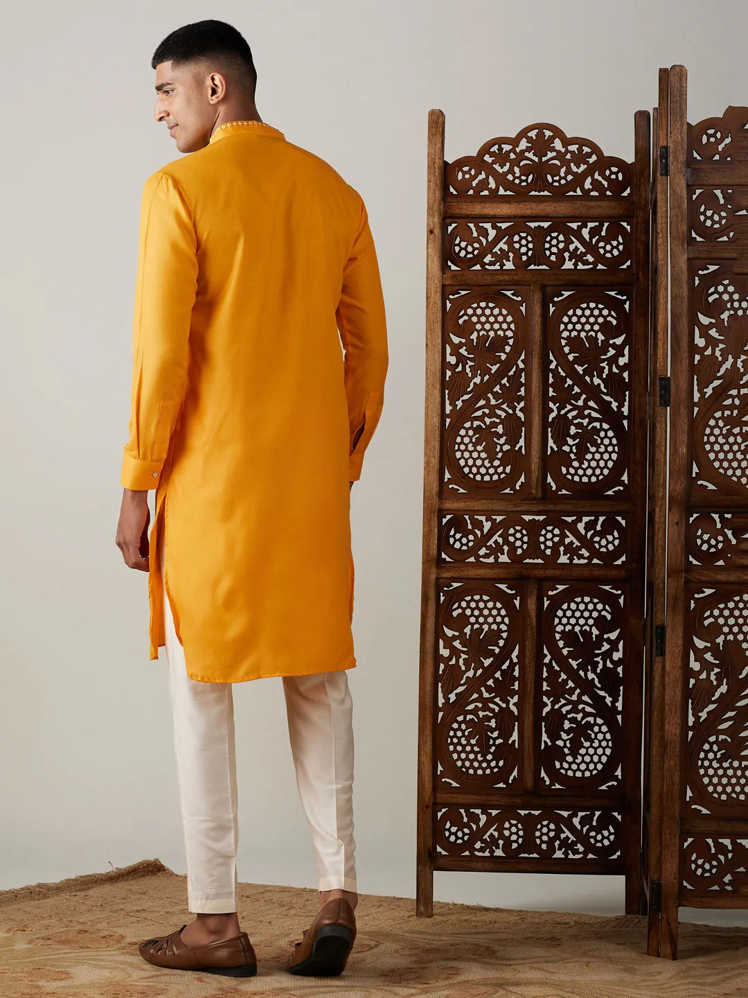 VASTRAMAY Men's Yellow And Cream Solid Kurta With Viscose Pant Style Viscose Pyjama Set