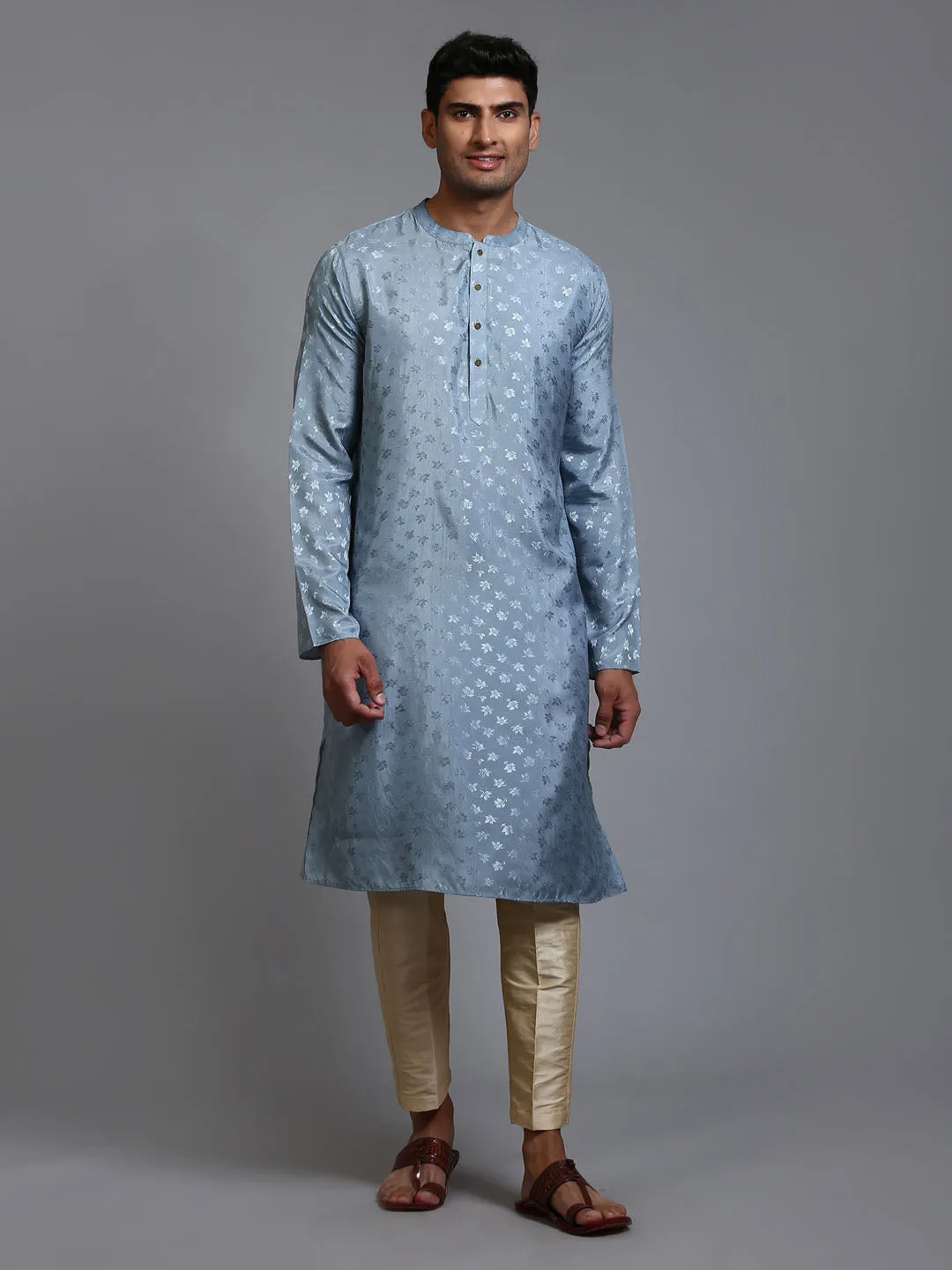 VM BY VASTRAMAY Men's Grey Jacquard Kurta with Pant Set