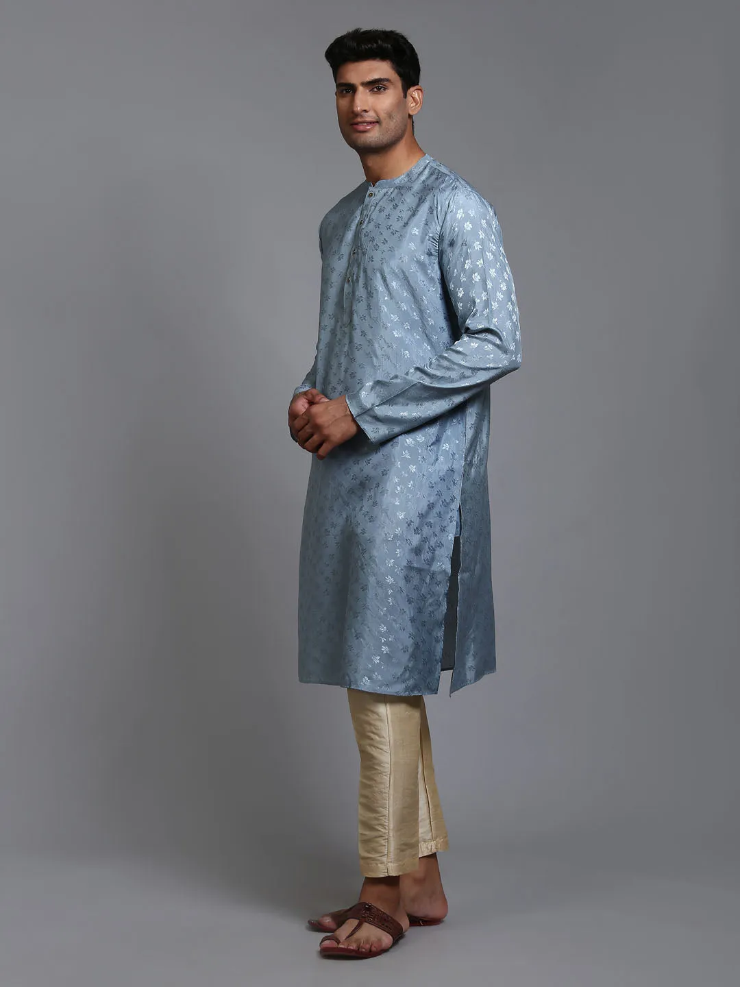 VM BY VASTRAMAY Men's Grey Jacquard Kurta with Pant Set