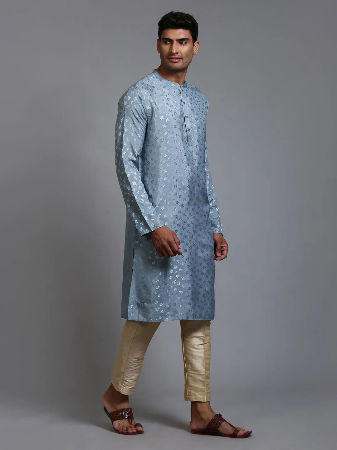 VM BY VASTRAMAY Men's Grey Jacquard Kurta with Pant Set