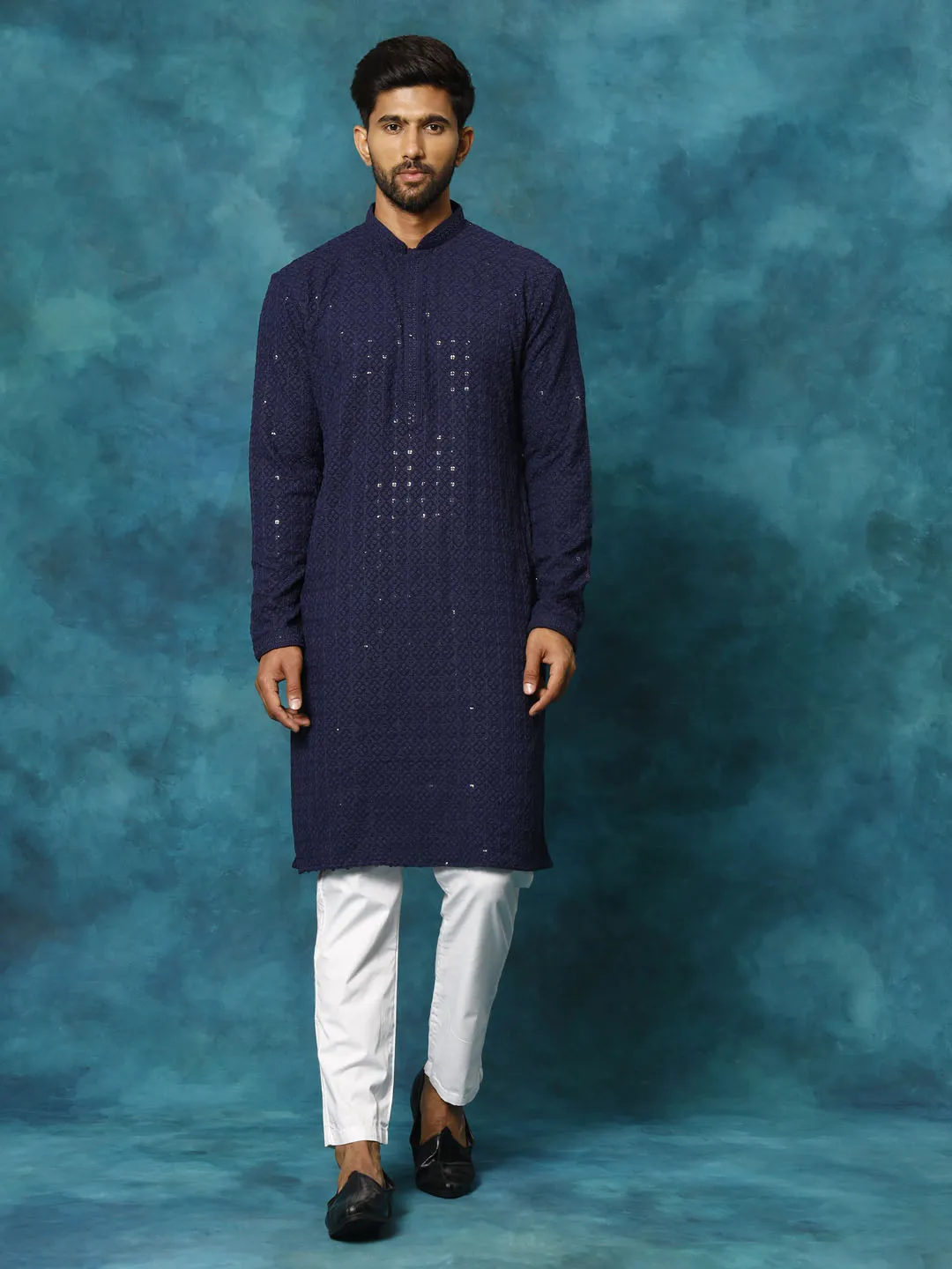 VM By VASTRAMAY Men's Navy Blue Rayon Schiffli Kurta And Pant Set