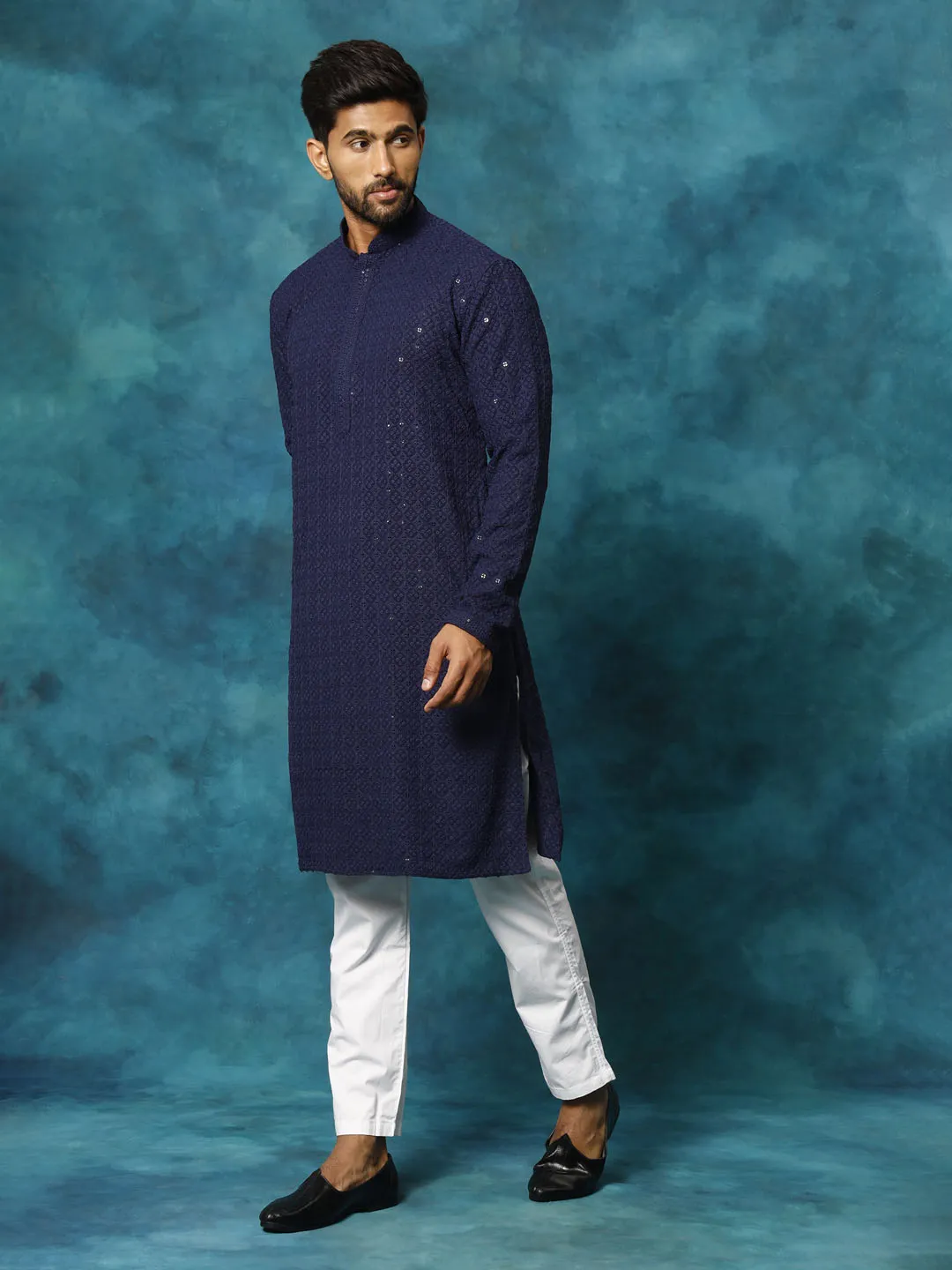 VM By VASTRAMAY Men's Navy Blue Rayon Schiffli Kurta And Pant Set