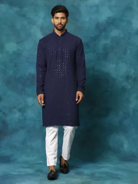 VM By VASTRAMAY Men's Navy Blue Rayon Schiffli Kurta And Pant Set