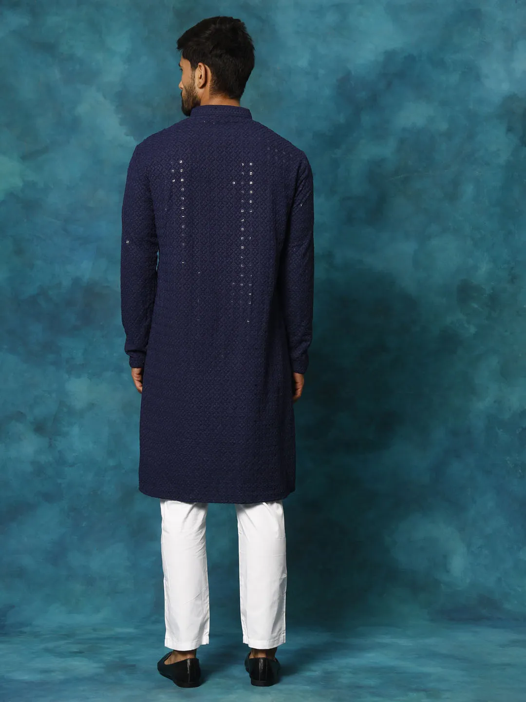 VM By VASTRAMAY Men's Navy Blue Rayon Schiffli Kurta And Pant Set