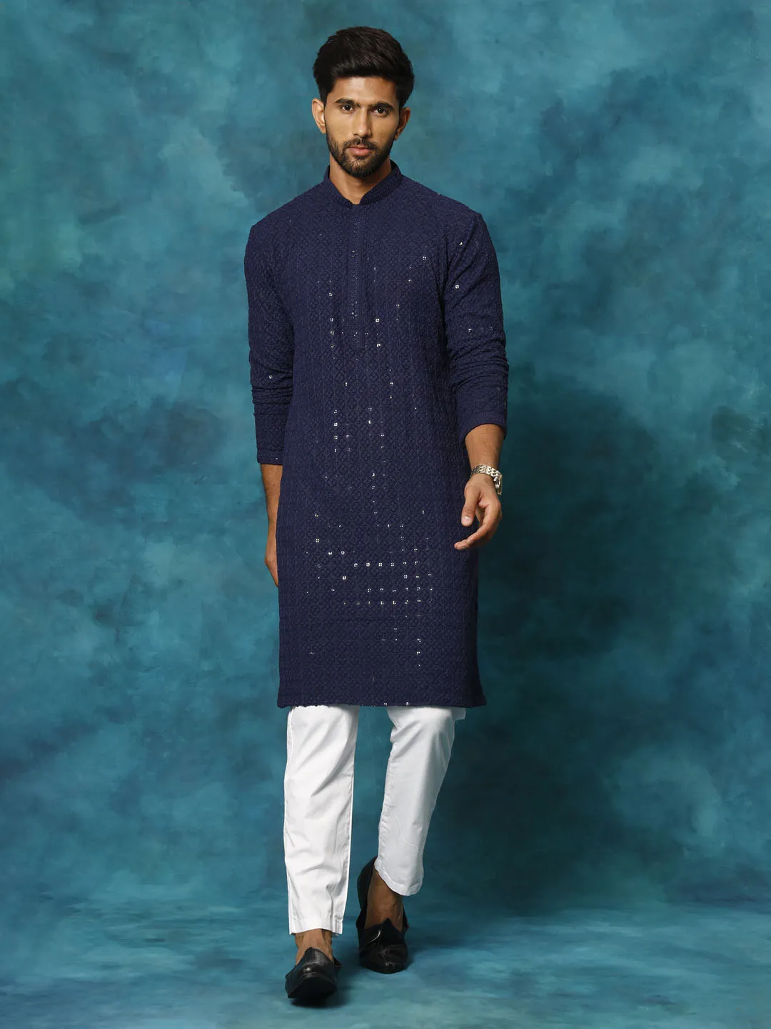 VM By VASTRAMAY Men's Navy Blue Rayon Schiffli Kurta And Pant Set