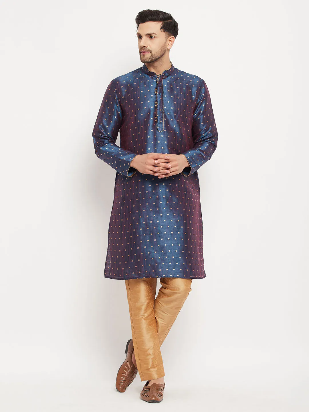 VM BY VASTRAMAY Men's Navy Blue Zari Weaved Kurta And Pant Set